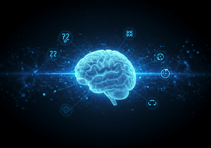 Um cérebro digital brilhante no centro, cercado por ícones de quiz e um relógio indicando contagem regressiva, com um fundo futurista e dinâmico representando inteligência artificial, em um estilo vibrante e moderno.