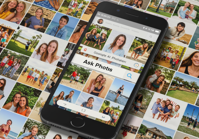 Um smartphone exibindo o aplicativo Google Fotos, com uma barra de pesquisa em destaque no centro, equipada com inteligência artificial, rodeado por uma colagem de fotos pessoais variadas, simbolizando a funcionalidade 'Pergunte às Fotos'.
