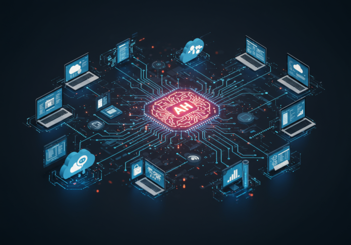 Visão centralizada de ferramentas digitais interconectadas e serviços em nuvem com um ícone de cérebro de IA no centro, simbolizando produtividade empresarial aprimorada e capacidades de pesquisa, design futurista e limpo.