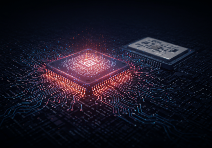 Imagem centralizada retratando um chip de processador AMD brilhante fundindo-se com linhas intrincadas de código de software, simbolizando inovação. Ao fundo, ligeiramente fora de foco, uma representação do chip de um concorrente maior e estabelecido. O tema geral é a sinergia entre hardware e software de IA.