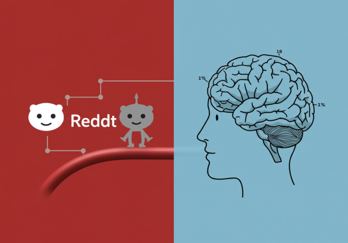 Centrada imagem de um martelo de juiz sobre um cabo de rede que se divide, de um lado o logo do Reddit e do outro um cérebro estilizado representando IA (Anthropic), simbolizando disputa legal por dados.