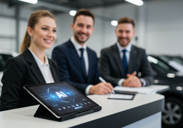 Uma interface elegante e moderna de assistente de voz de IA brilhando em um tablet no balcão de atendimento de uma concessionária de veículos, com um cliente satisfeito e um funcionário sorridente da concessionária ao fundo, com foco suave no fundo. Foco central no tablet e na interface.