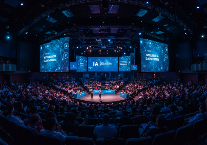 A descrição fornecida já está em português: Imagem centralizada de um auditório moderno e vibrante, cheio de pessoas engajadas em um evento de tecnologia sobre Inteligência Artificial. Telões exibem gráficos futuristas de IA e redes neurais, com iluminação ambiente em tons de azul e roxo. Foco em inovação e networking.