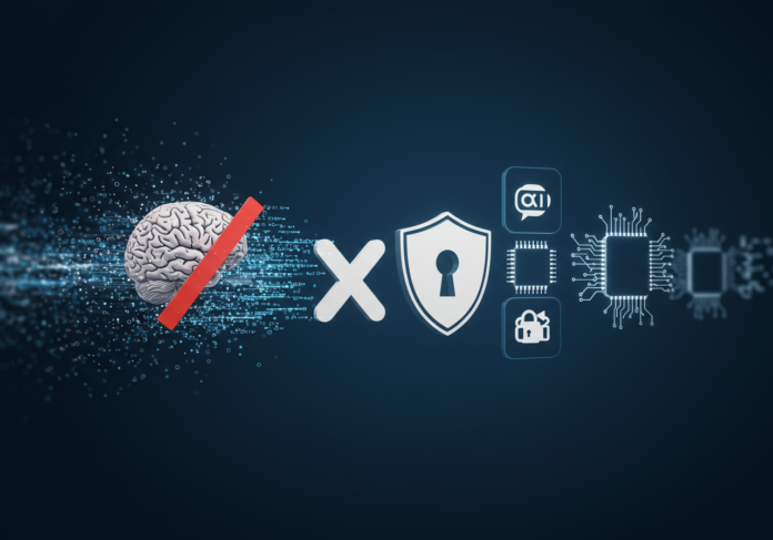 Logotipo estilizado da rede social X em destaque no centro, com um ícone de escudo ou cadeado sutilmente integrado. Representações abstratas de fluxos de dados são mostradas sendo bloqueadas ou repelidas de alcançar ícones genéricos de cérebro/chip de IA ao redor do logotipo. Estética limpa, moderna e tecnológica.