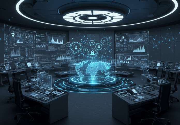 Centro de comando futurista do governo dos EUA com uma tela holográfica central exibindo análise de dados de segurança global orientada por IA. Padrões de rede neural sutilmente integrados. Foco centrado na interface de tecnologia avançada. Atmosfera séria e sofisticada.