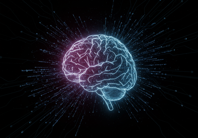 Símbolo abstrato de inteligência artificial, como um cérebro de néon ou uma rede neural brilhante, com linhas de código de programação fluindo ao redor ou através dele, fundo escuro e tecnológico, tema centralizado.