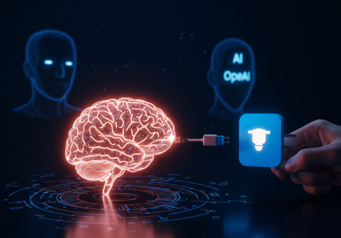 Arte digital de um cérebro de IA brilhante (Claude da Anthropic) do qual um ícone menor de assistente de codificação (Windsurf) está sendo desconectado. Uma entidade de IA maior e sombria (OpenAI) é visível ao fundo, sugerindo uma aquisição. Fundo com tema de tecnologia, composição centralizada.