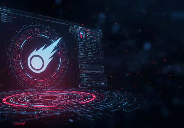 Representação futurista de um motor de busca IA em crescimento exponencial, com o ícone de um cometa estilizado sobreposto a uma interface de navegador abstrata, cores vibrantes de tecnologia, foco centralizado.