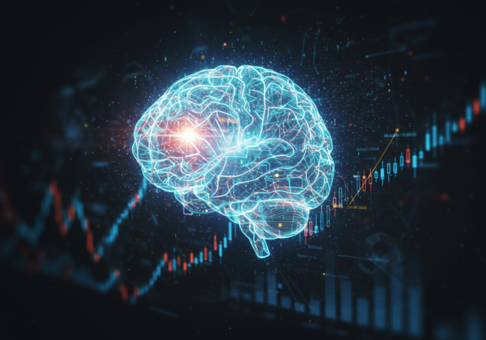 Close-up de um holograma futurista de um cérebro de IA brilhante interligado com linhas de código luminosas, simbolizando assistência de programação, com gráficos de crescimento financeiro ao fundo. Foco centralizado no cérebro de IA.