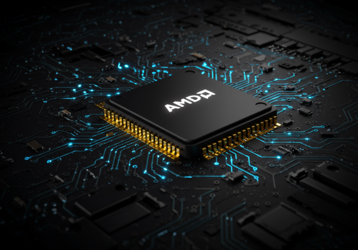 Logotipo da AMD em um microchip brilhante no centro de uma placa de circuito futurista com conexões de rede neural iluminadas, simbolizando a aquisição de talentos em IA. Fundo escuro e tecnológico.
