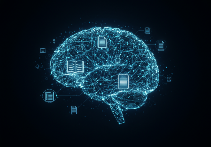 Cérebro digital estilizado composto por nós brilhantes interconectados, com alguns nós representando livros abertos e outros representando documentos legais, simbolizando a coleta ética e aberta de dados para treinamento de IA. Foco central, fundo limpo, alto detalhe.