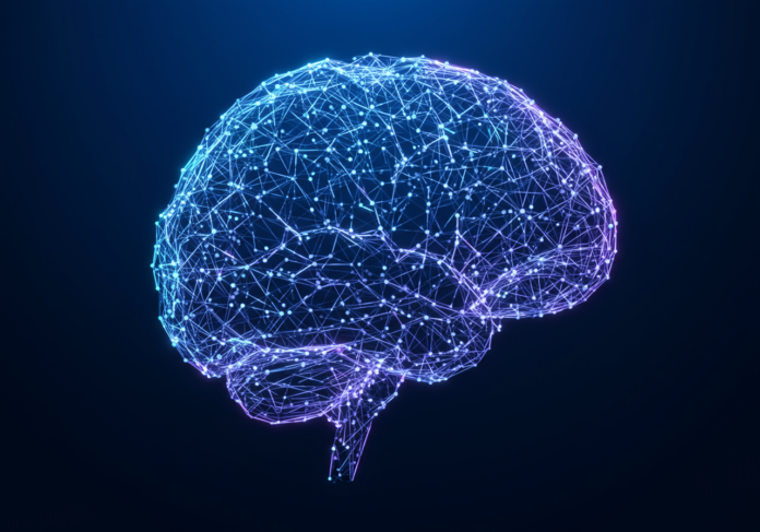 Close-up de uma rede neural estilizada e brilhante ou representação abstrata de um cérebro de IA, posicionada centralmente, com um fundo limpo e moderno, evocando inovação e tecnologia avançada.