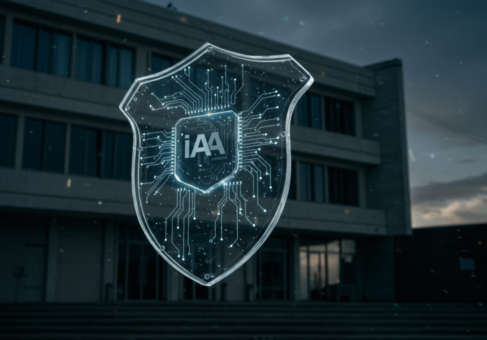 Fotografia profissional de um escudo transparente e futurista com padrões de circuitos de IA brilhantes, posicionado centralmente, flutuando sobre um fundo desfocado de um centro de comando governamental moderno. A iluminação deve ser sóbria e destacar a seriedade do tema de segurança nacional e inteligência artificial.