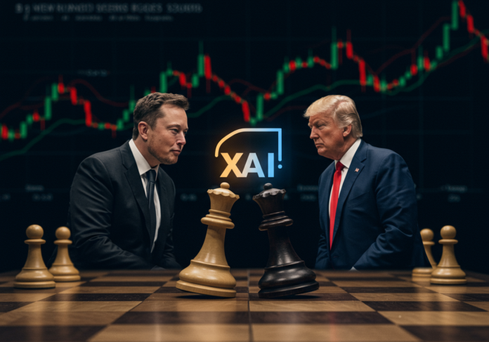Elon Musk e Donald Trump como reis rivais em um tabuleiro de xadrez, com o logo da xAI como uma peça disputada no centro, e gráficos de ações voláteis ao fundo, imagem centralizada.