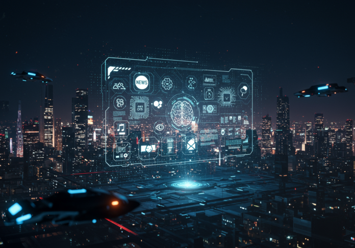 Uma paisagem urbana futurista com padrões de redes neurais brilhantes sobrepostos, um feed de notícias holográfico central exibindo diversos ícones de tecnologia como cérebros de IA, símbolos de código e logotipos de empresas. Estética limpa e moderna.