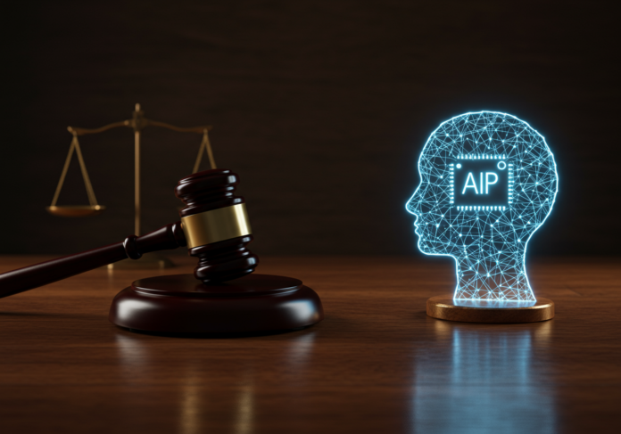 Um malhete tradicional e um ícone estilizado e brilhante de rede neural posicionados frente a frente sobre uma superfície de madeira polida, simbolizando o confronto e a integração necessária entre o direito e a inteligência artificial, com composição central e em estilo realista.