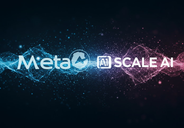 Logotipos da Meta e Scale AI interconectados por feixes de luz digital, simbolizando um investimento bilionário em inteligência artificial, com um fundo de rede neural abstrata, imagem centralizada e com destaque para a conexão.