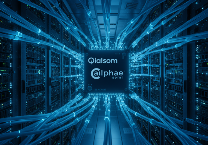 Imagem de um centro de dados futurista e brilhante, com fileiras de servidores e cabos de fibra óptica azuis luminosos simbolizando conectividade de alta velocidade. No centro, um chip de computador com os logotipos da Qualcomm e Alphawave Semi sutilmente integrados, representando a aquisição. Foco centralizado, iluminação dramática.
