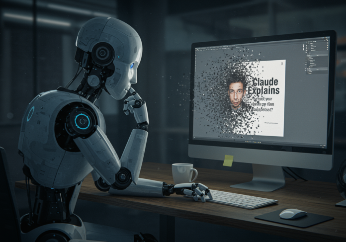 Robô pensativo olhando para uma tela de computador onde um blog chamado 'Claude Explains' está desaparecendo ou se desintegrando digitalmente. Estilo moderno, foco no robô e na tela, que devem estar centralizados. Atmosfera de mistério e tecnologia.