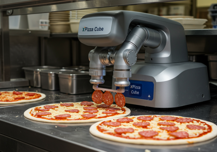 Close-up, com ângulo ligeiramente alto, de um robô de bancada compacto e moderno chamado 'xPizza Cube', aplicando com precisão fatias de pepperoni em uma base de pizza, numa cozinha de pizzaria limpa e profissional. O robô é o foco central, exibindo o seu design elegante e eficiência.
