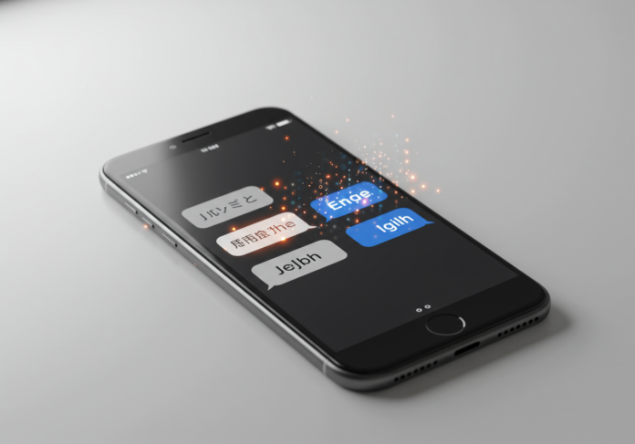 Close-up centralizado da tela de um smartphone moderno exibindo uma interface de chat dinâmica. Balões de fala transformam-se visivelmente de um idioma (por exemplo, japonês) para outro (por exemplo, inglês) em tempo real, com um sutil e elegante efeito de brilho ao redor do texto traduzido, simbolizando a tradução ao vivo auxiliada por inteligência artificial. Fundo limpo e minimalista.