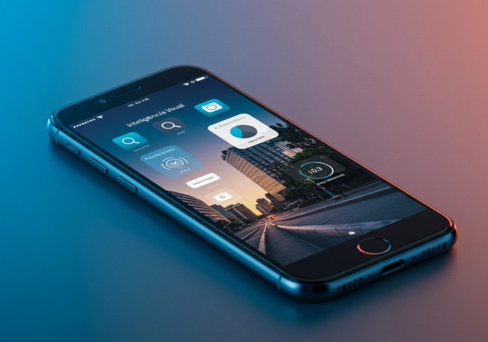 iPhone com a funcionalidade Inteligência Visual em ação, analisando uma imagem na tela e mostrando ícones de busca e calendário, estética futurista, foco centralizado no aparelho.