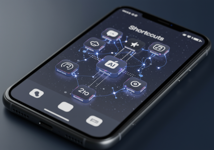 Close-up centralizado da tela de um smartphone, mostrando a interface do aplicativo Atalhos (Shortcuts) da Apple infundida com IA. Padrões abstratos de redes neurais e fluxos de dados brilhantes fluem entre os blocos de atalhos, simbolizando a Apple Intelligence em ação. Design limpo e futurista.