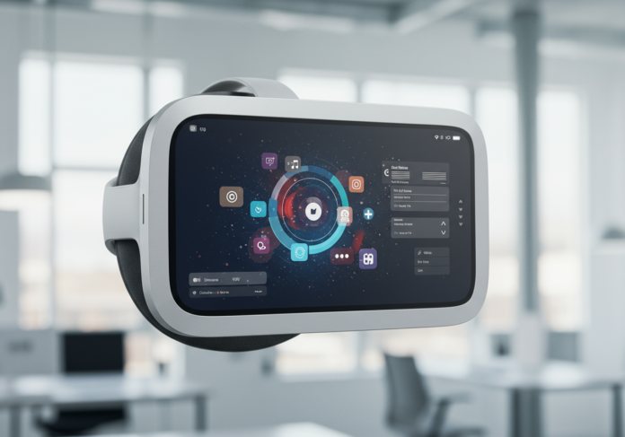 Um elegante headset Apple Vision Pro exibindo uma interface espacial vibrante e interativa com widgets flutuantes e ícones 3D em um ambiente de escritório claro e moderno. A imagem deve ser centralizada no headset e nos elementos espaciais, transmitindo inovação e tecnologia avançada.