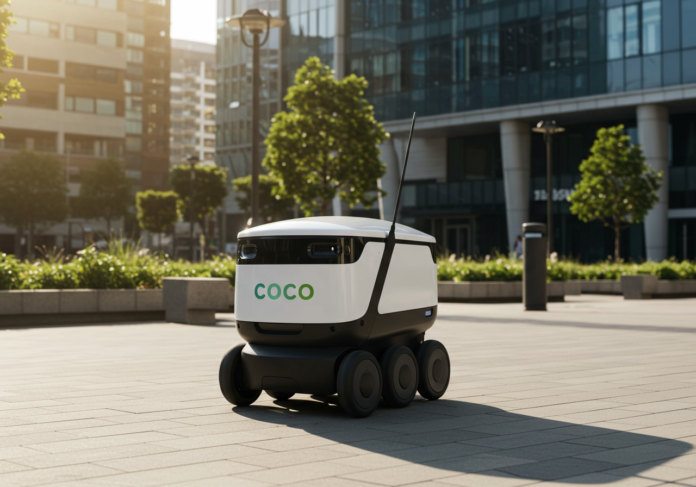 Robô de entrega branco e elegante da Coco Robotics, posicionado centralmente, navegando por uma calçada urbana moderna e iluminada pelo sol. Logotipo 'Coco' visível. Vibração ecológica, otimista e futurista. Foto ao nível dos olhos.