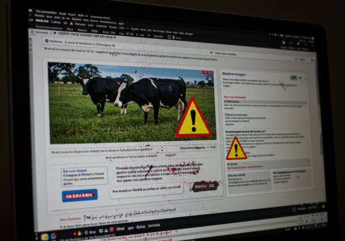 Tela de computador exibindo um site governamental sobre vacinas desfigurado com conteúdo spam e símbolos de alerta digital, estética de falha cibernética, assunto centralizado.