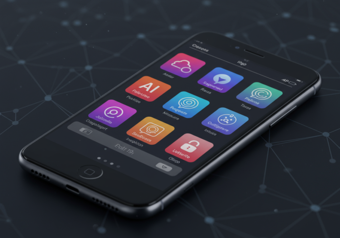 Close-up de uma interface de busca futurista da App Store em um dispositivo, destacando 'Tags de IA' vibrantes que categorizam aplicativos, com um padrão sutil de rede neural ao fundo, centralizado.