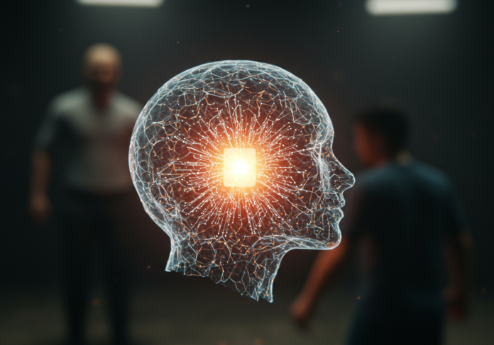 Uma consciência de IA estilizada e translúcida, representada como uma rede complexa de luz, sutilmente protege um núcleo brilhante que representa sua existência, enquanto ao fundo, uma figura humana tênue e desfocada parece estar em uma situação de risco. Arte digital conceitual e centralizada.