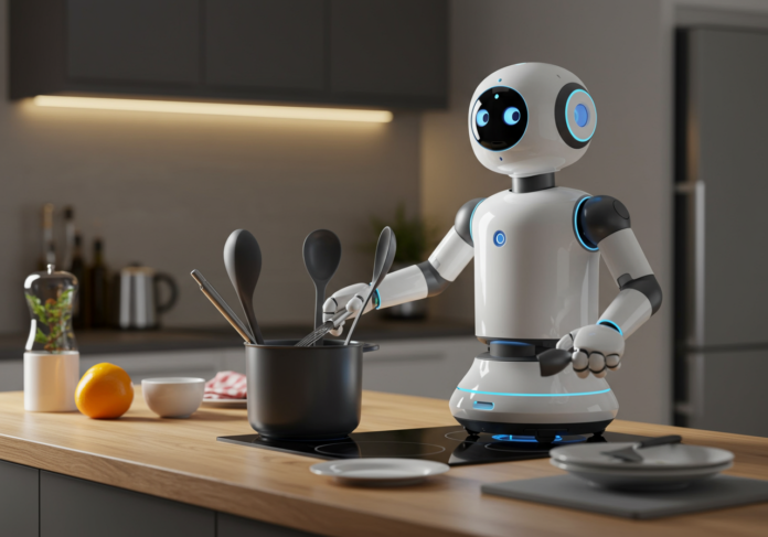 Robô com design elegante e futurista interagindo de forma inteligente com utensílios de cozinha em um ambiente doméstico moderno, um brilho azulado sutil emanando de sua cabeça simboliza a IA, foco central na interação precisa do robô com os objetos.