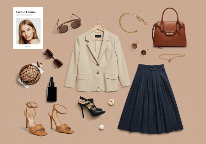 Uma colagem digital estilizada e vibrante de itens de moda como roupas, sapatos e acessórios, perfeitamente integrada com um ícone de carrinho de compras, em uma interface semelhante à do Pinterest, destacando a criação impulsionada por IA. Foco central na colagem.