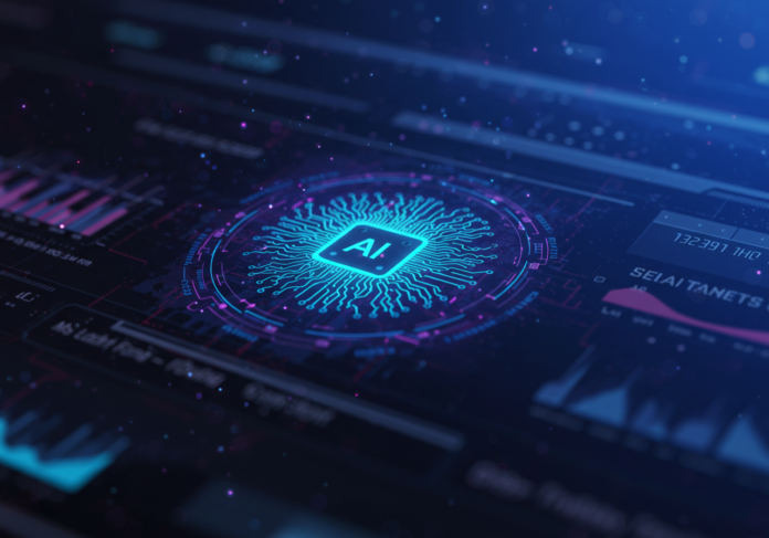 Close-up de uma interface de navegador web futurista com um ícone central e brilhante de rede neural de IA. O plano de fundo mostra fluxos de dados abstratos e abas de navegador sutis. As cores são predominantemente azuis profundos, roxos e destaques em ciano vibrante, criando uma sensação tecnológica elegante e moderna. Composição centralizada.