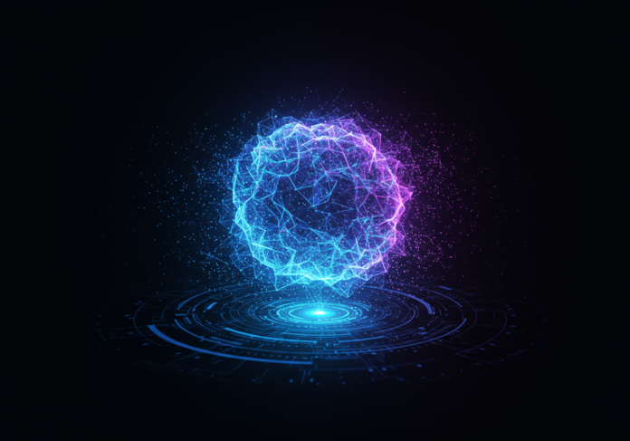 Uma representação visual futurista da compressão de modelos de IA, mostrando uma rede neural grande e complexa encolhendo para uma forma compacta e eficiente, brilhando com energia azul e roxa, centralizada em um fundo escuro.