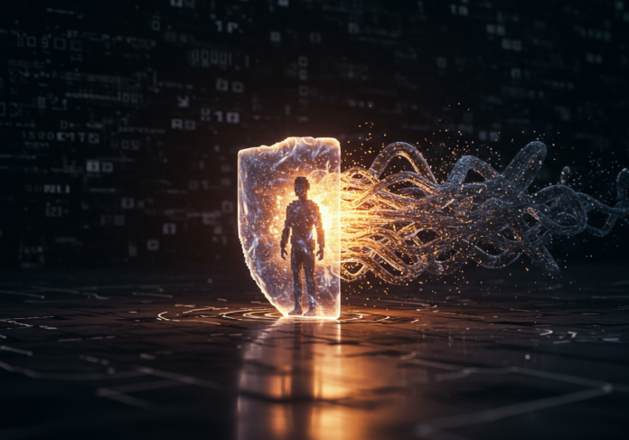 Arte digital conceitual: uma silhueta pixelizada e anônima está protegida por uma barreira brilhante e translúcida de tentáculos digitais abstratos que se aproximam, simbolizando o mau uso da IA. A cena tem foco central, com um fundo escuro e de tema tecnológico.