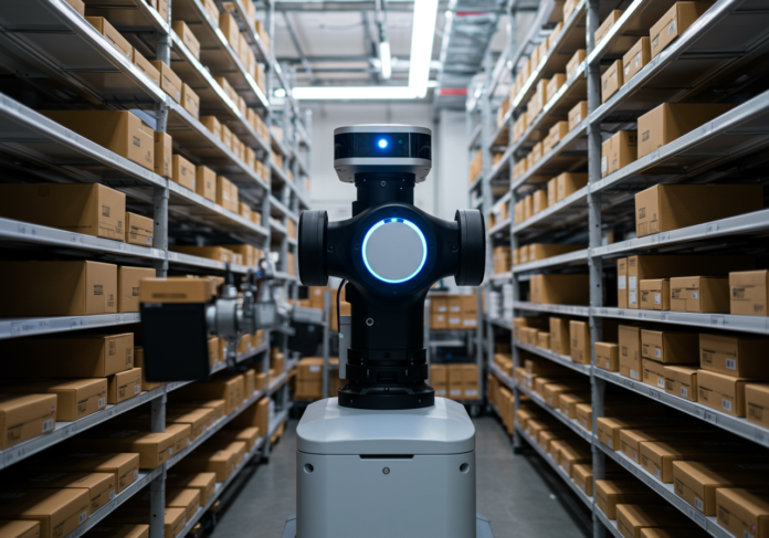 Plano próximo, ao nível dos olhos, de um robô autônomo elegante e moderno organizando eficientemente pacotes em prateleiras em um armazém futurista e bem iluminado. O robô é o foco central, com desfoque de movimento ao fundo sugerindo atividade.