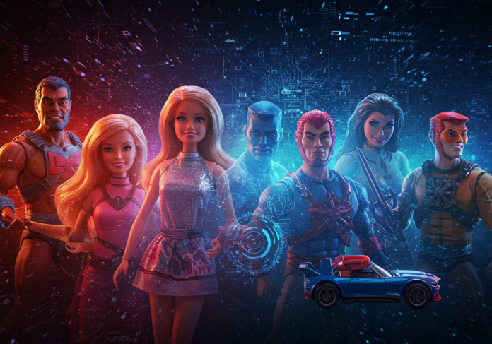 Uma coleção de brinquedos icônicos da Mattel, como Barbie, Hot Wheels e personagens de Masters of the Universe, sutilmente aprimorados com circuitos digitais brilhantes e padrões abstratos de redes neurais de IA ao fundo, simbolizando inovação e tecnologia, centralizados, vibrantes, altamente detalhados.