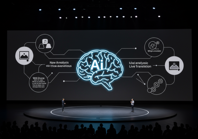 Palco futurista da Apple WWDC com um ícone central brilhante de um cérebro de IA, cercado por representações estilizadas de novos recursos como análise de imagem e tradução ao vivo. Design elegante e minimalista com uma estética sugerida de 'Vidro Líquido'. Composição centralizada.