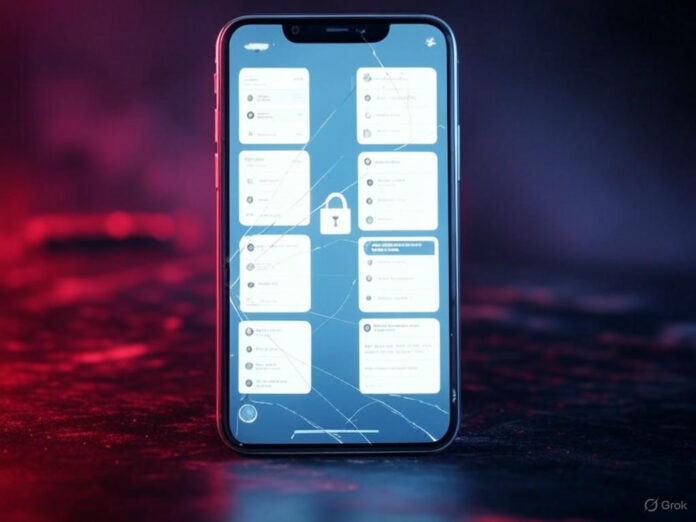Uma imagem que representa um pesadelo de privacidade digital, com um smartphone exibindo conversas privadas vazando para uma nuvem pública. No centro, um ícone de cadeado quebrado simbolizando a falha na segurança. Fundo escuro com tons de vermelho e preto para transmitir urgência e perigo.