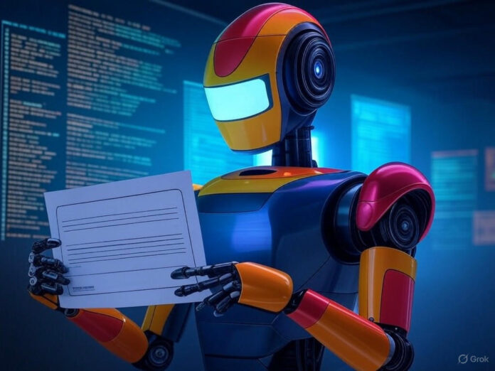 Uma ilustração futurista mostrando um robô segurando um grande rótulo de dados, com gráficos e códigos flutuando ao fundo, representando a parceria entre a Meta e a Scale AI no avanço da inteligência artificial. O robô está centralizado, com cores vibrantes e um design moderno.