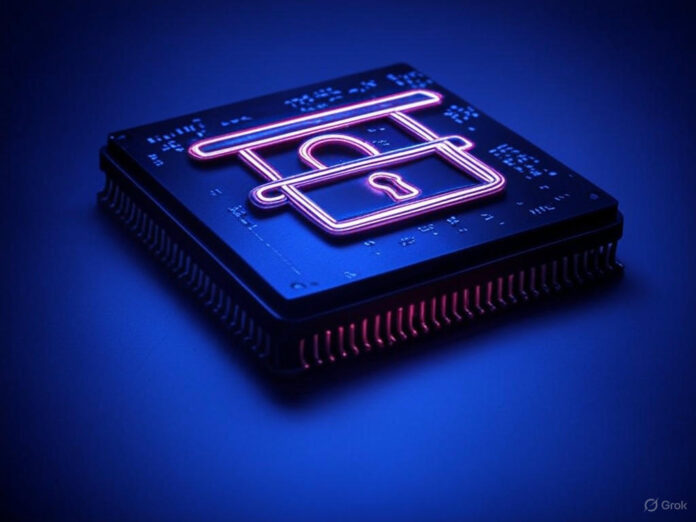 Uma ilustração futurista de um chip de computador avançado com símbolos de restrição (como um cadeado ou barreira) sobrepostos, representando as limitações de exportação. O fundo deve ter tons de azul e preto, com detalhes em neon para transmitir tecnologia e tensão.