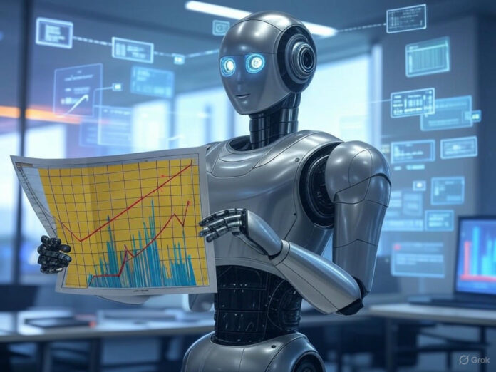 Uma ilustração futurista mostrando um robô segurando um gráfico de crescimento exponencial, com símbolos de IA e dados flutuando ao fundo. A cena deve transmitir inovação e tecnologia avançada, com cores vibrantes e um foco central no robô e no gráfico.