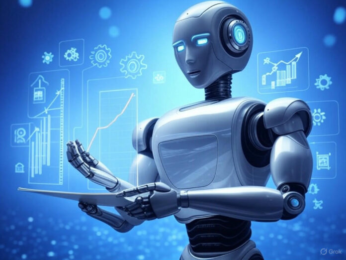 Uma ilustração futurista de um robô segurando um gráfico de crescimento exponencial, com fundo azul tecnológico e ícones de automação e vendas ao redor, representando o sucesso da Clay na automação de vendas com IA.