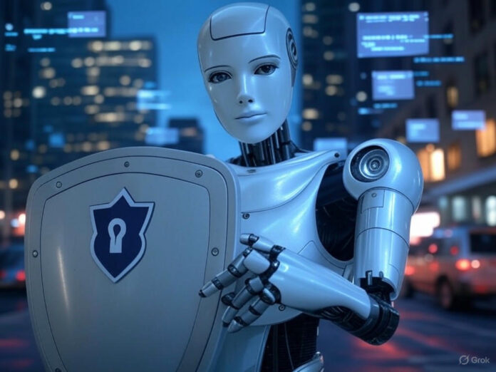 Uma imagem futurista representando um robô humanoide segurando um escudo com o símbolo de segurança, ao fundo, uma cidade movimentada de Nova York com hologramas de códigos de programação flutuando no ar. A cena transmite a ideia de proteção e regulamentação da IA em um ambiente urbano tecnológico.