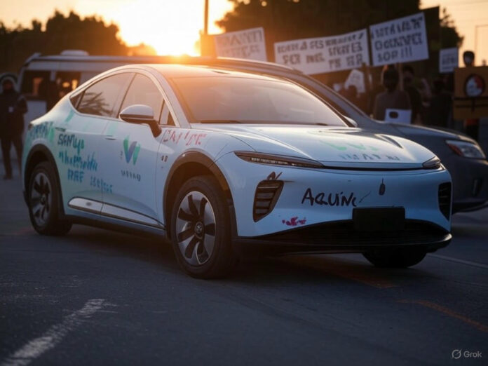 Um robotáxi da Waymo estacionado em uma rua movimentada de Los Angeles, com pichações anti-ICE e fumaça saindo de um veículo danificado ao fundo. Manifestantes com cartazes contra políticas de imigração estão ao redor, e a cena é iluminada pelo pôr do sol, criando um clima de tensão e movimento.