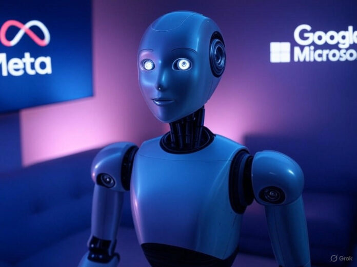 Uma imagem futurista representando a inteligência artificial, com um robô ou holograma centralizado, cercado por ícones de empresas como Meta, Google e Microsoft, simbolizando a competição no setor. O fundo deve ter tons de azul e roxo, transmitindo tecnologia e inovação.