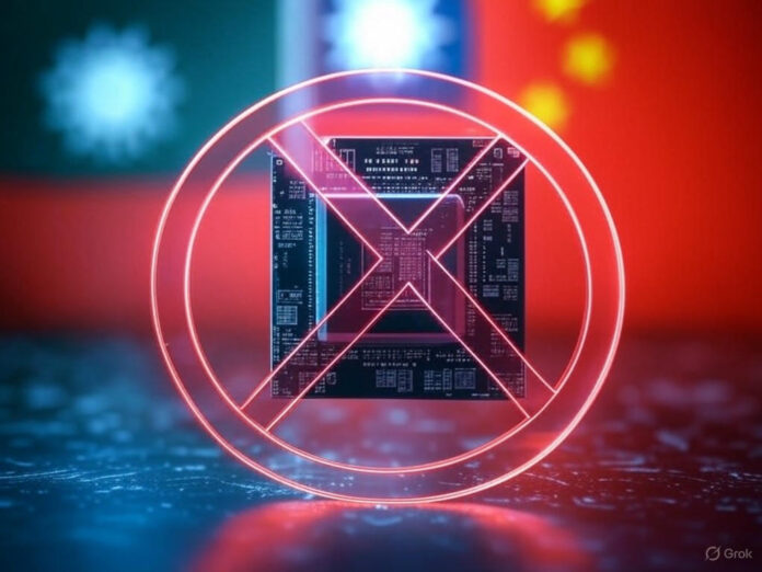 Uma imagem representando um chip de IA com um símbolo de proibição sobreposto, simbolizando as restrições de exportação. Ao fundo, bandeiras de Taiwan e China em tons desfocados para destacar o contexto geopolítico. Estilo futurista e tecnológico, com cores vibrantes e foco central no chip.