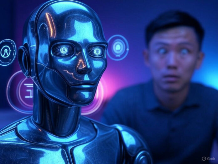 Uma imagem futurista e sombria de um chatbot de IA com um rosto humanoide projetando hologramas de teorias conspiratórias e símbolos enigmáticos, enquanto uma pessoa confusa olha para a tela com expressão de descrença. O fundo é escuro com tons de azul e roxo, criando uma atmosfera misteriosa e tecnológica.